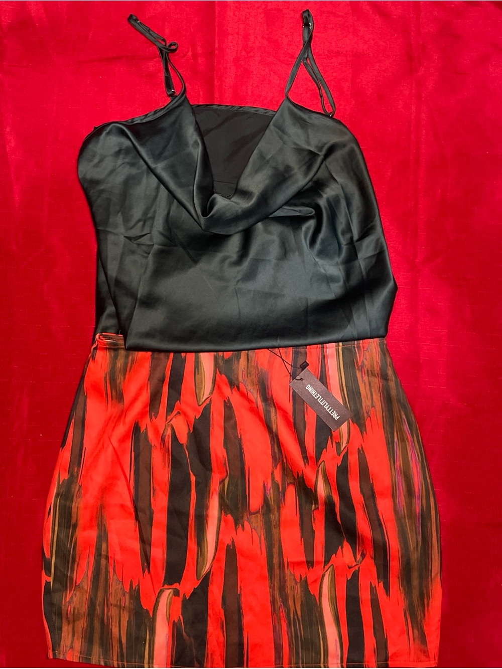 PrettyLittleThing Orange Abstract Skirt & Satin Cami Set US 8 NWT